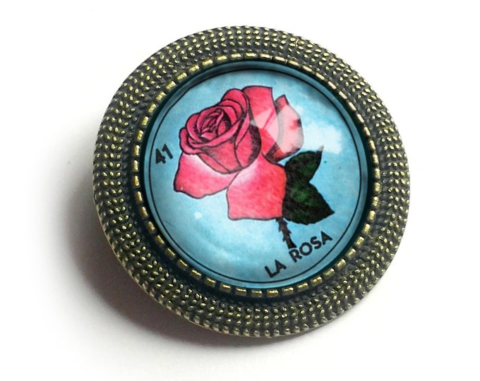 La Rosa Rose Loteria Themed Vintage Inspired Pin Brooch