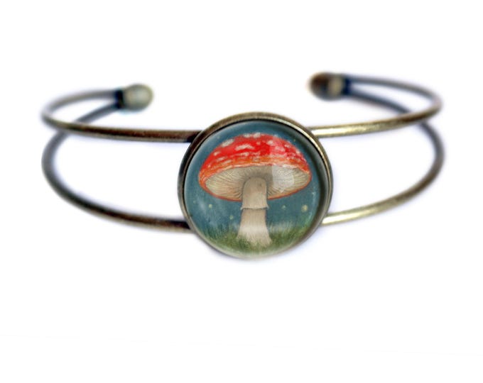 Amanita Mushrooms Brass and Glass Cabochon Wire Cuff Cottagecore Bracelet