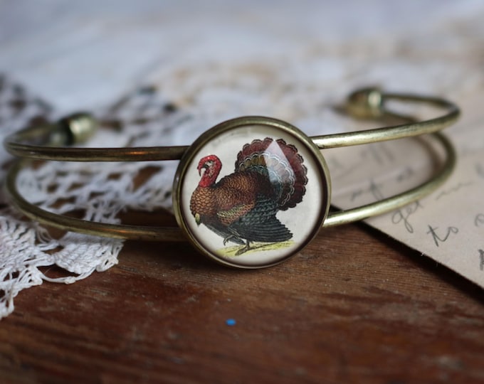 Thanksgiving Turkey Cuff Bracelet / Bangle in Antique Brass