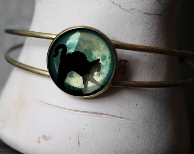 Black Cat Cuff Bracelet, Blue Moon Gothic Jewelry