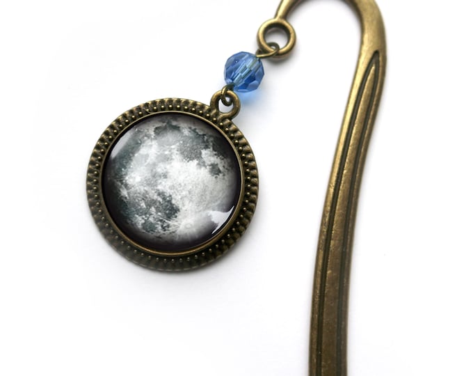 Full Moon Glass Cabochon Brass Book Hook / Bookmark