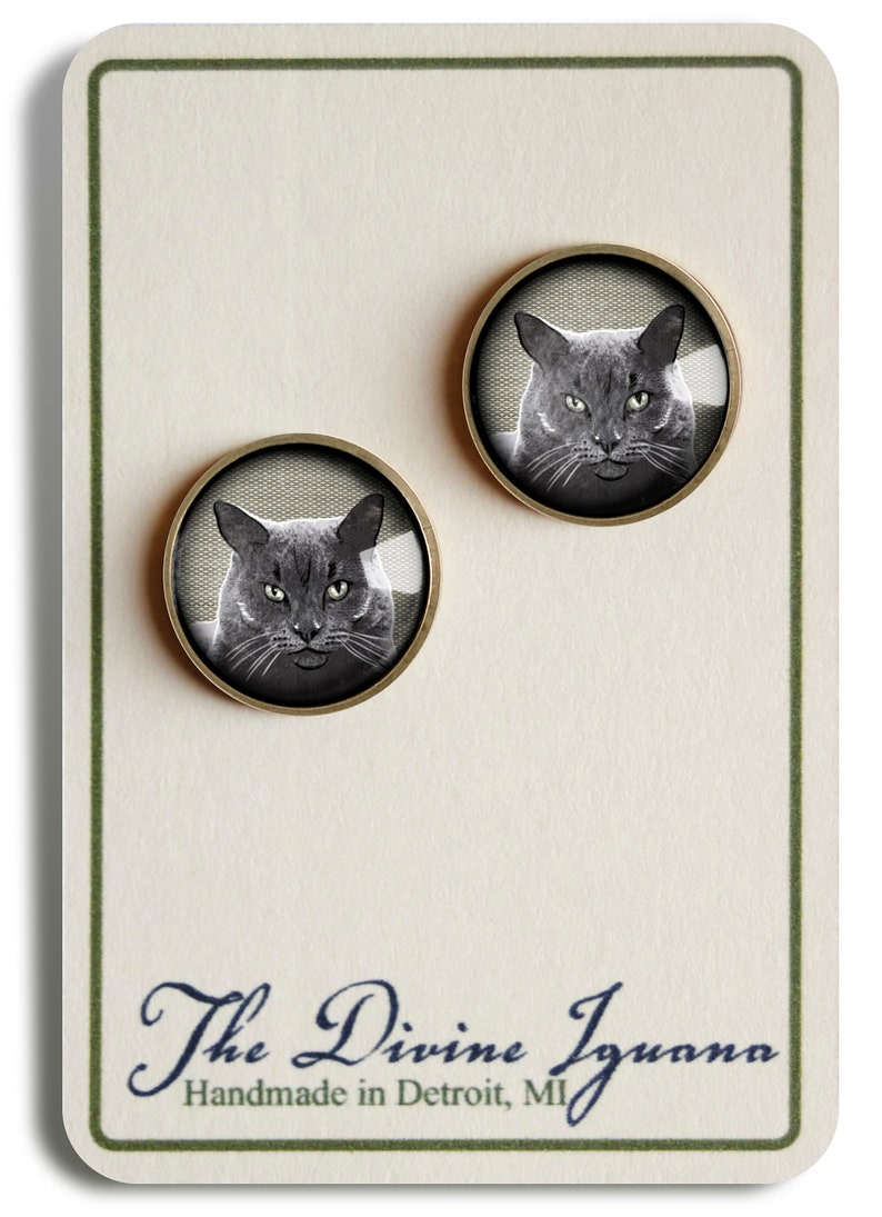 Russian Blue Cat Vintage Inspired Stud Earrings Etsy
