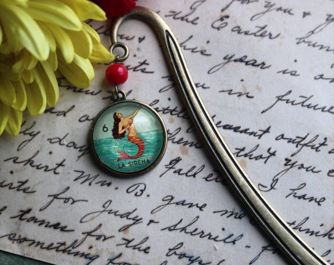 La Sirena Mermaid Loteria Themed Glass Cabochon Brass Book Hook / Bookmark