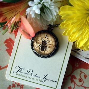 Honey Bee or Worker Bee Large Pendant Necklace in Bronze Frame