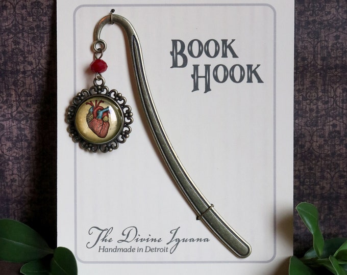 Human Heart Glass Cabochon Brass Book Hook / Bookmark