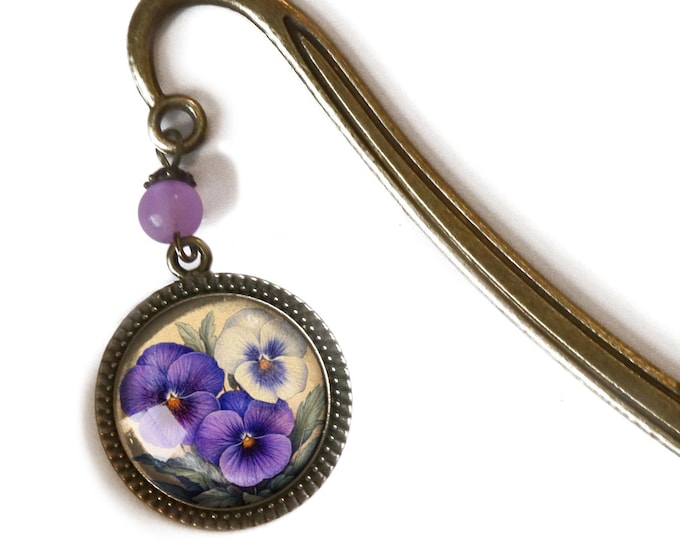 Purple Pansy Spring Flower Glass Cabochon Brass Book Hook / Bookmark
