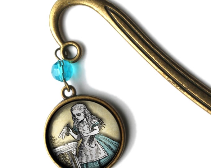 Alice in Wonderland "Drink Me" Potion Glass Cabochon Brass Book Hook / Bookmark