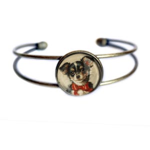 Chihuahua with Red Bow Antique Brass Dog Cuff Bracelet