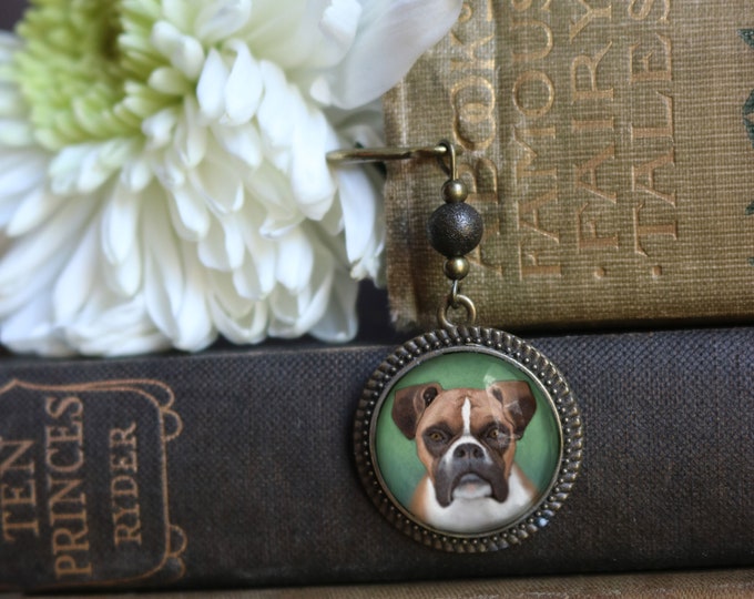 Boxer Dog Glass Cabochon Brass Book Hook / Bookmark