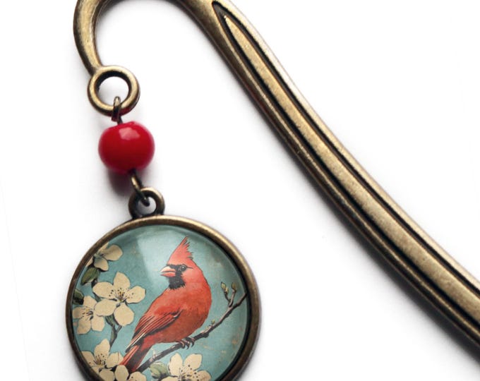 Retro Cardinal Bird Glass Cabochon Brass Book Hook / Bookmark