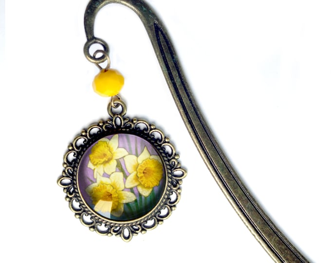 Art Nouveau Daffodil Glass Cabochon Brass Book Hook / Bookmark