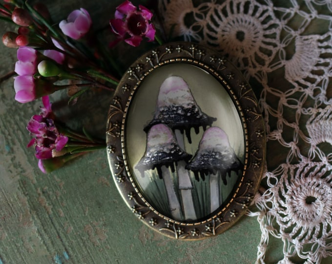 Inky Cap Mushrooms Ornate Oval Glass Cabochon  Brooch
