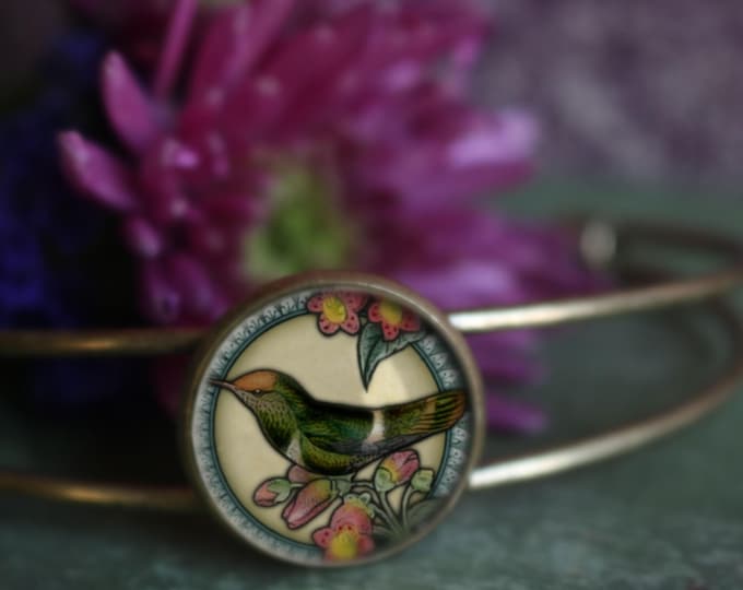 Hummingbird Cuff Bracelet with Glass Cabochon on Bronze