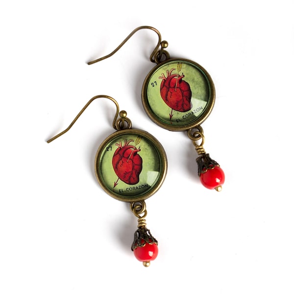 El Corazon Heart Loteria Themed Vintage Inspired Drop / Dangle Earrings