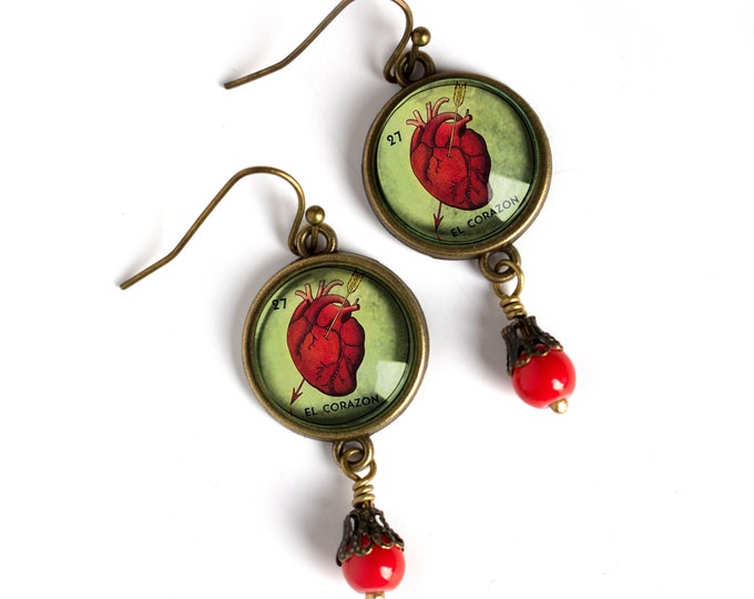 El Corazon Heart Loteria Themed Vintage Inspired Drop / Dangle Earrings