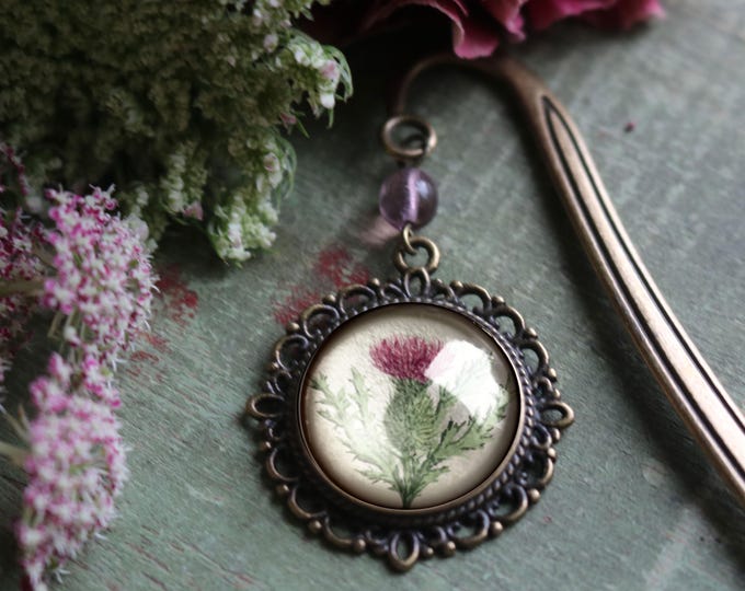 Scottish Thistle Flower Glass Cabochon Brass Book Hook / Bookmark