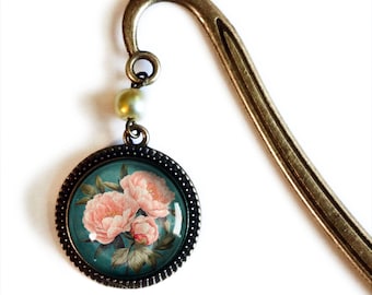 Pink Peony Flower Glass Cabochon Brass Book Hook / Bookmark