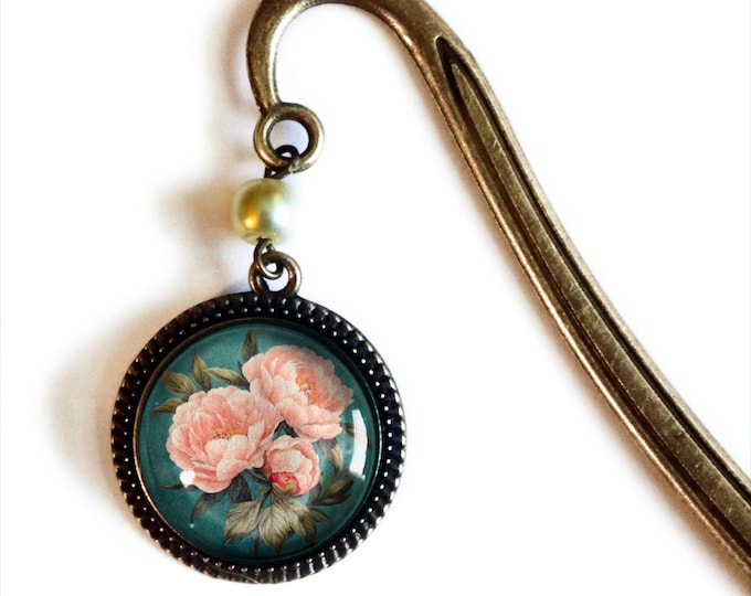 Pink Peony Flower Glass Cabochon Brass Book Hook / Bookmark