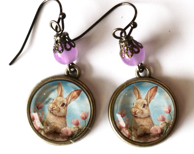 Victorian Easter Bunny Drop / Dangle Earrings with Pale Purple Bead