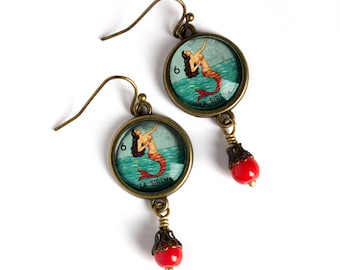 La Sirena Loteria Mermaid Vintage Inspired Drop / Dangle Earrings