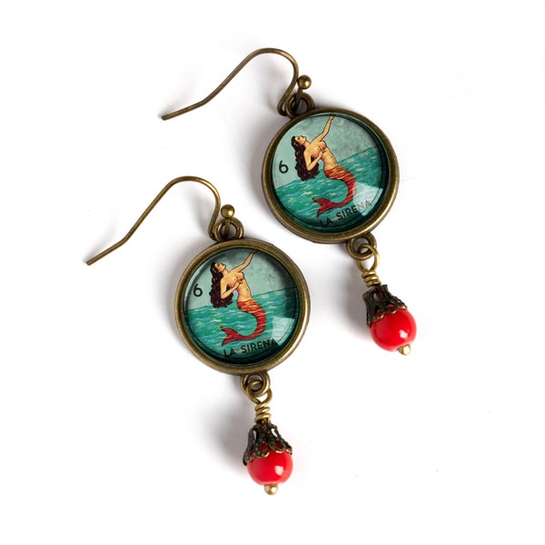 La Sirena Loteria Mermaid Vintage Inspired Drop / Dangle Earrings