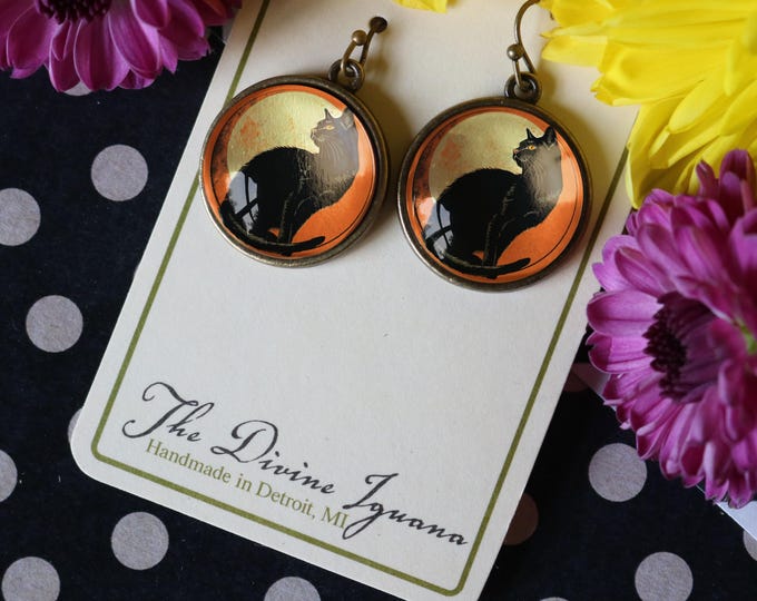 Chat Noir, Black Cat on Orange Moon- Retro Halloween Vintage Inspired Drop / Dangle Earrings