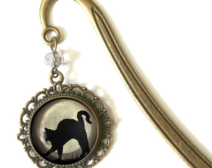 Black Cat on Full Moon Glass Cabochon Brass Book Hook / Bookmark