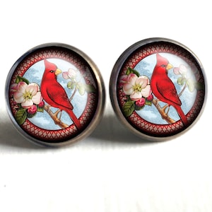 Cardinal Bird Victorian Vintage Inspired Stud Earrings