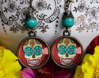 Sugar Skull with Blue Eyes Day of the Dead Earrings