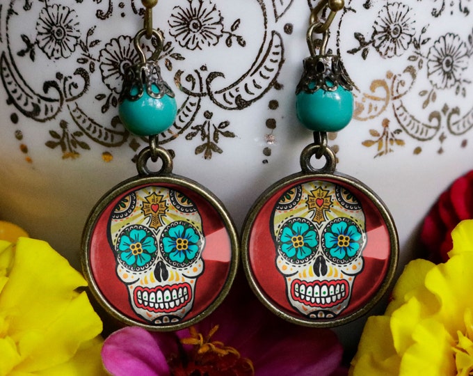 Sugar Skull with Blue Eyes Day of the Dead Earrings