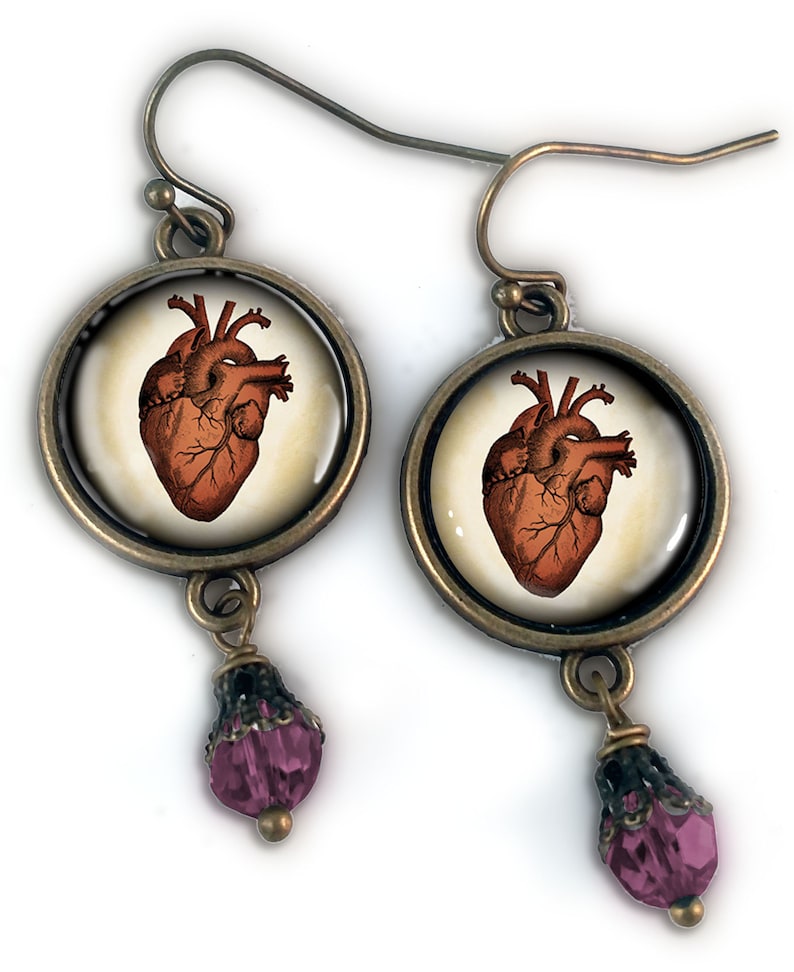 Anatomical Human Heart Vintage Inspired Drop Dangle Earrings