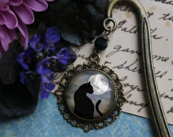 Moonlit Cat Goth or Halloween Glass Cabochon Brass Book Hook / Bookmark