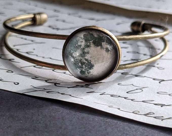 Blue Full Moon Cuff / Bangle Bracelet in Antique Brass