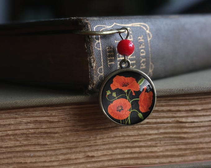 Bold Poppy Flower Glass Cabochon Brass Book Hook / Bookmark