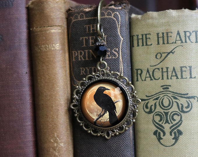 Crow or Raven on Orange Full Moon Glass Cabochon Brass Book Hook / Bookmark