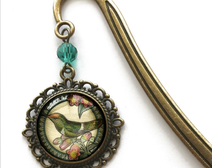 Hummingbird Glass Cabochon Brass Book Hook / Bookmark
