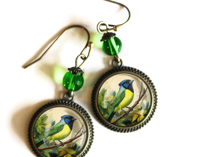 Green Jay Vintage Inspired Glass Cabochon Drop / Dangle Bird Earrings