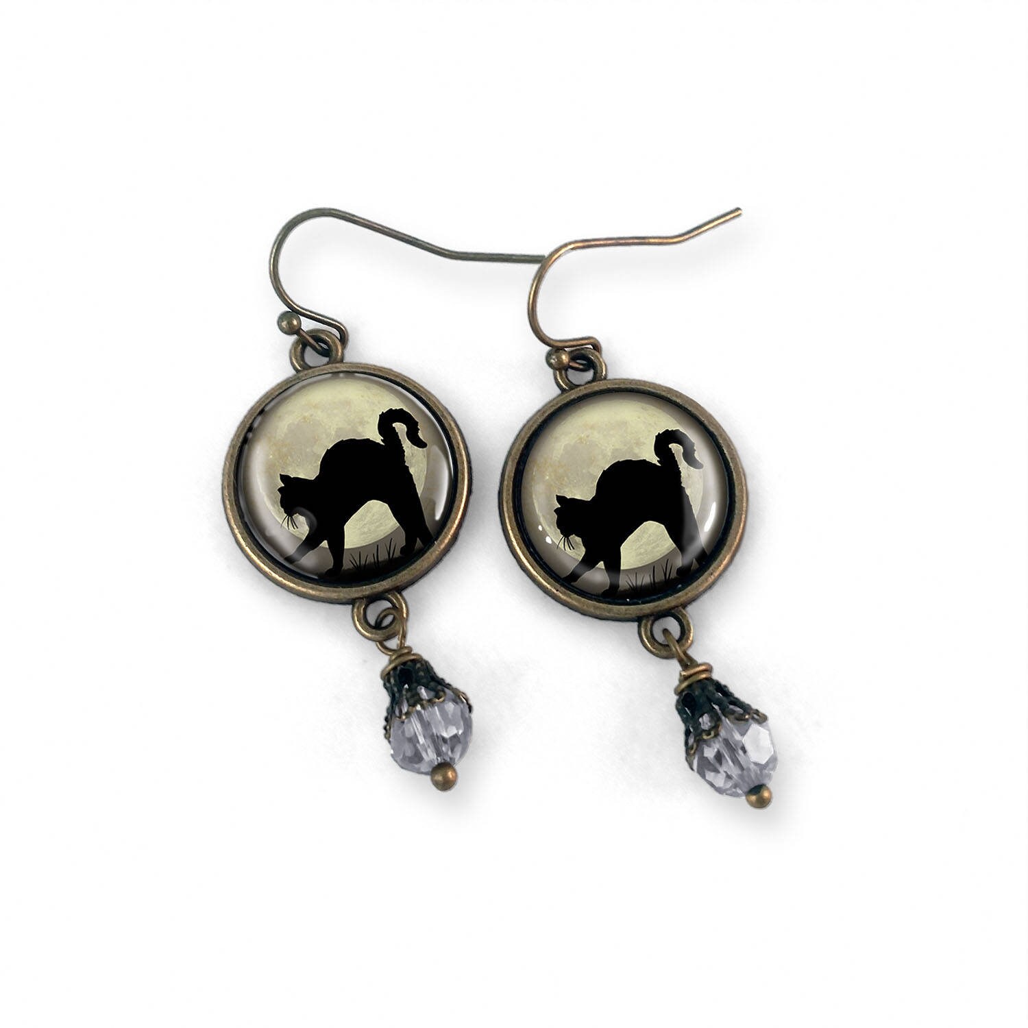 The Fun Things Black Cat Full Moon Art Print Teardrop Earrings – Wood Dangle, Sterling Silver Wires – Handmade USA