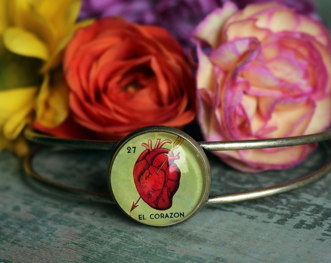 El Corazon Heart Loteria Themed Cuff Bracelet / Bangle in Antique Brass Wire