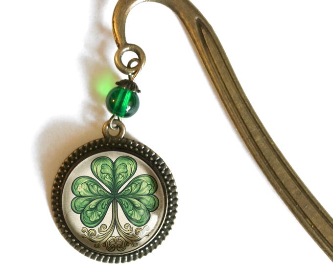 Classic Shamrock Glass Cabochon Brass Book Hook / Bookmark