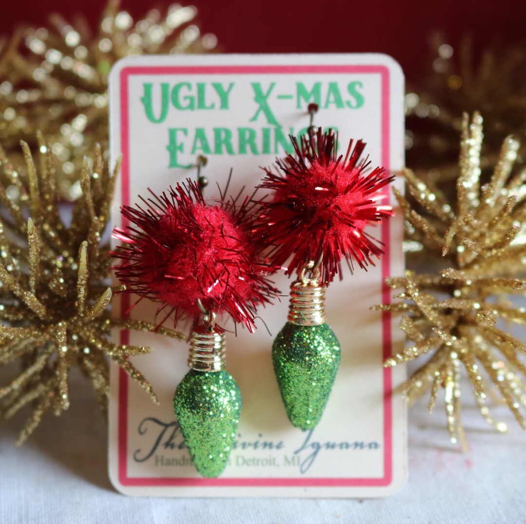 Ugly Christmas Earrings Red Pom Poms With Green Ornaments Etsy