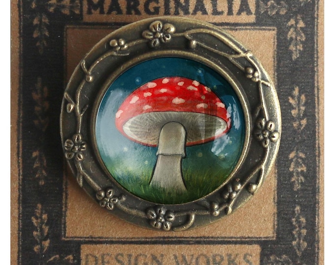 Moonlit Mushroom Cottage Core Amanita Glass Cabochon Pin Brooch