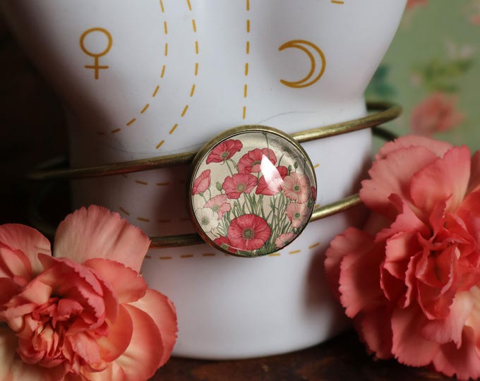 Pink Poppy Flowers Cottagecore Cuff Bracelet / Bangle in Antique Brass