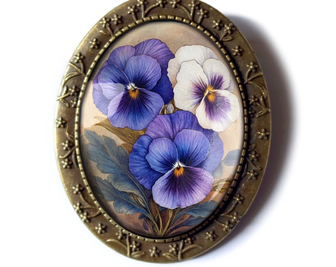 Purple Pansies Large Oval Cottage Core Brooch