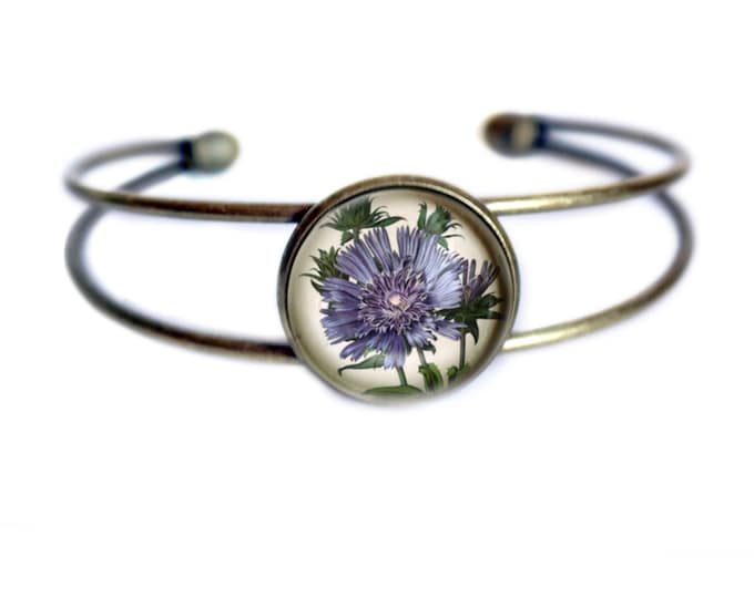 Aster or Bachelor's Button Cottagecore Cuff Bracelet / Bangle in Antique Brass