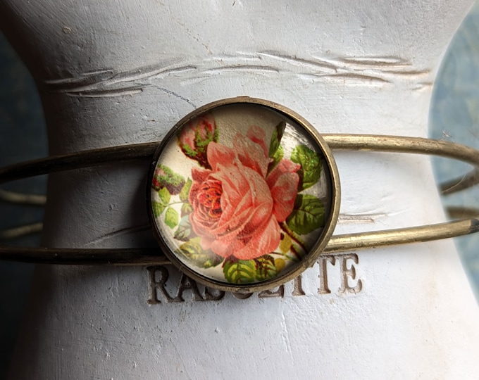 Victorian Tea Rose Cuff Bracelet / Bangle in Antique Brass