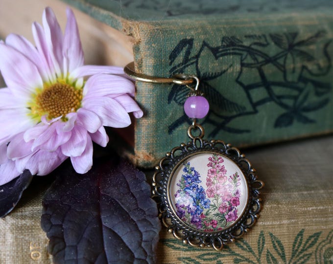 Larkspur or Delphinium Flower Glass Cabochon Brass Book Hook / Bookmark