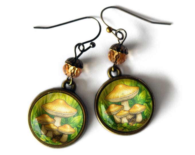 Honey Mushrooms Fairytale Inspired Cottagecore Earrings With Glass Accent Bead