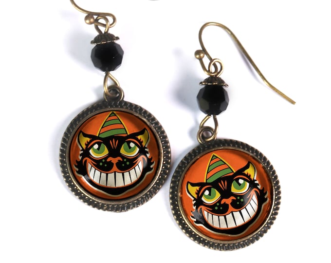 Grinning Black Cat Vintage Inspired Drop / Dangle Earrings