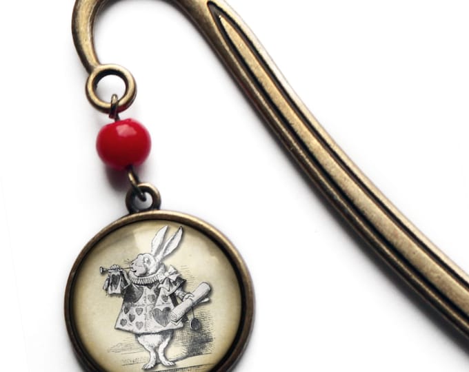 Alice in Wonderland White Rabbit Glass Cabochon Brass Book Hook / Bookmark